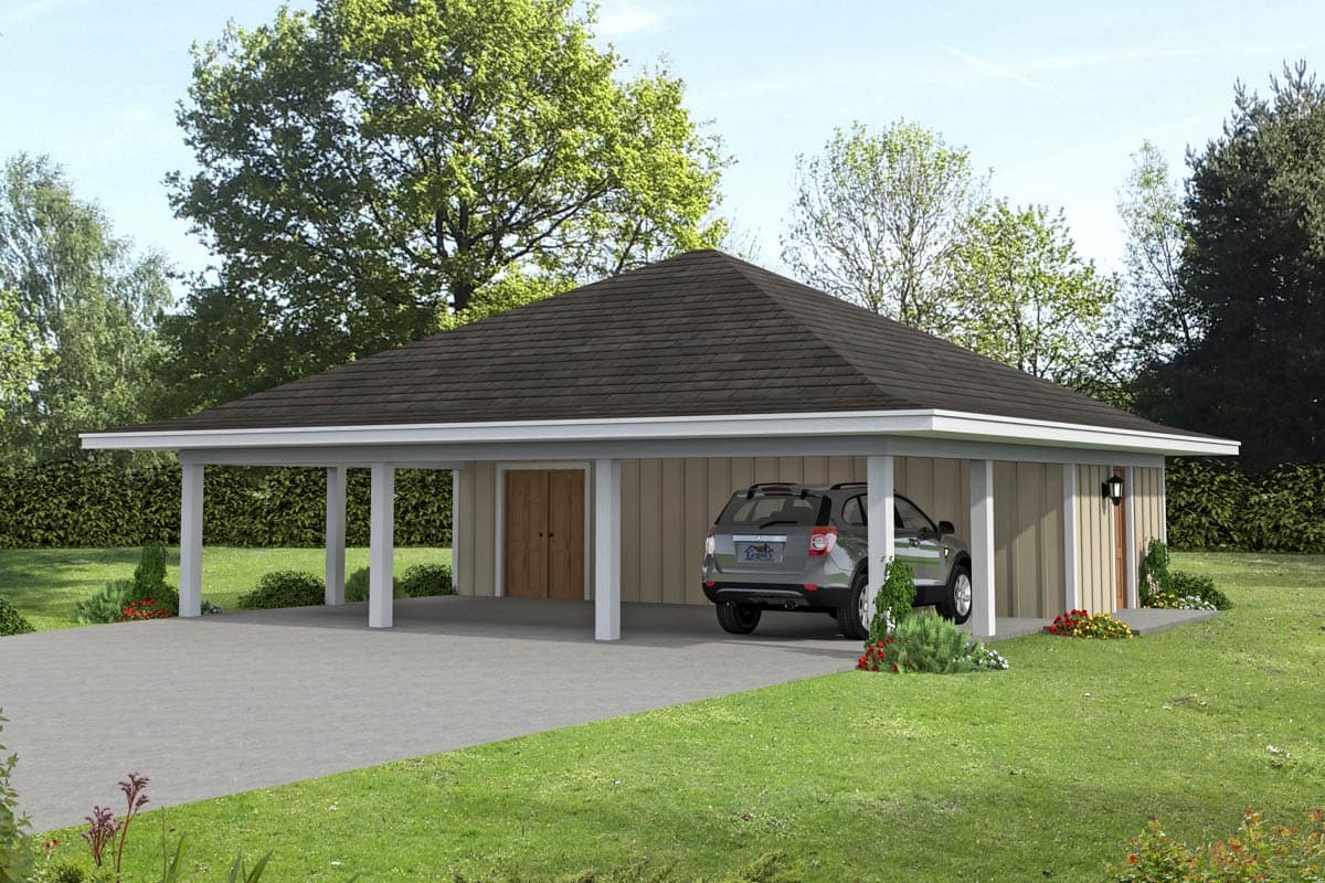House plan exterior with a single story, flat roof, and an open carport with supporting columns. Includes a side entrance and door.