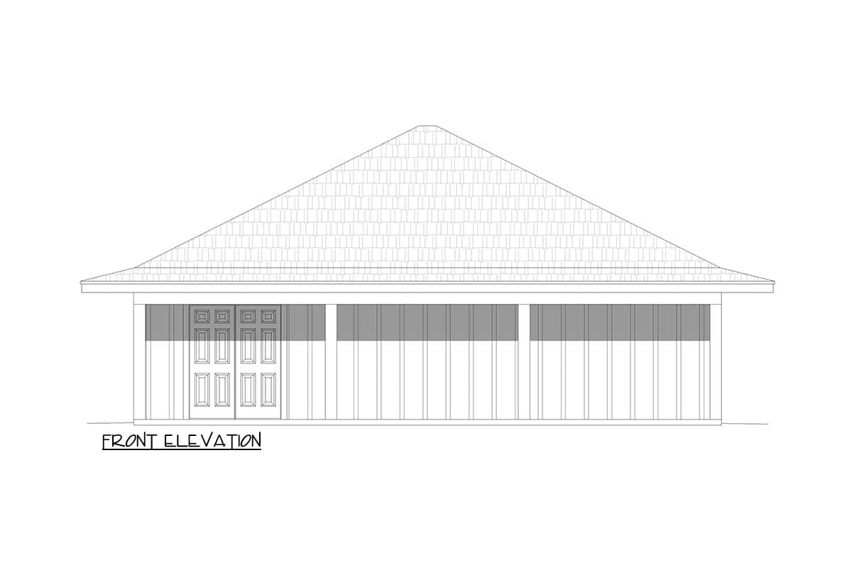 Front elevation of a house plan featuring a hip roof, double entry doors, and vertical siding.