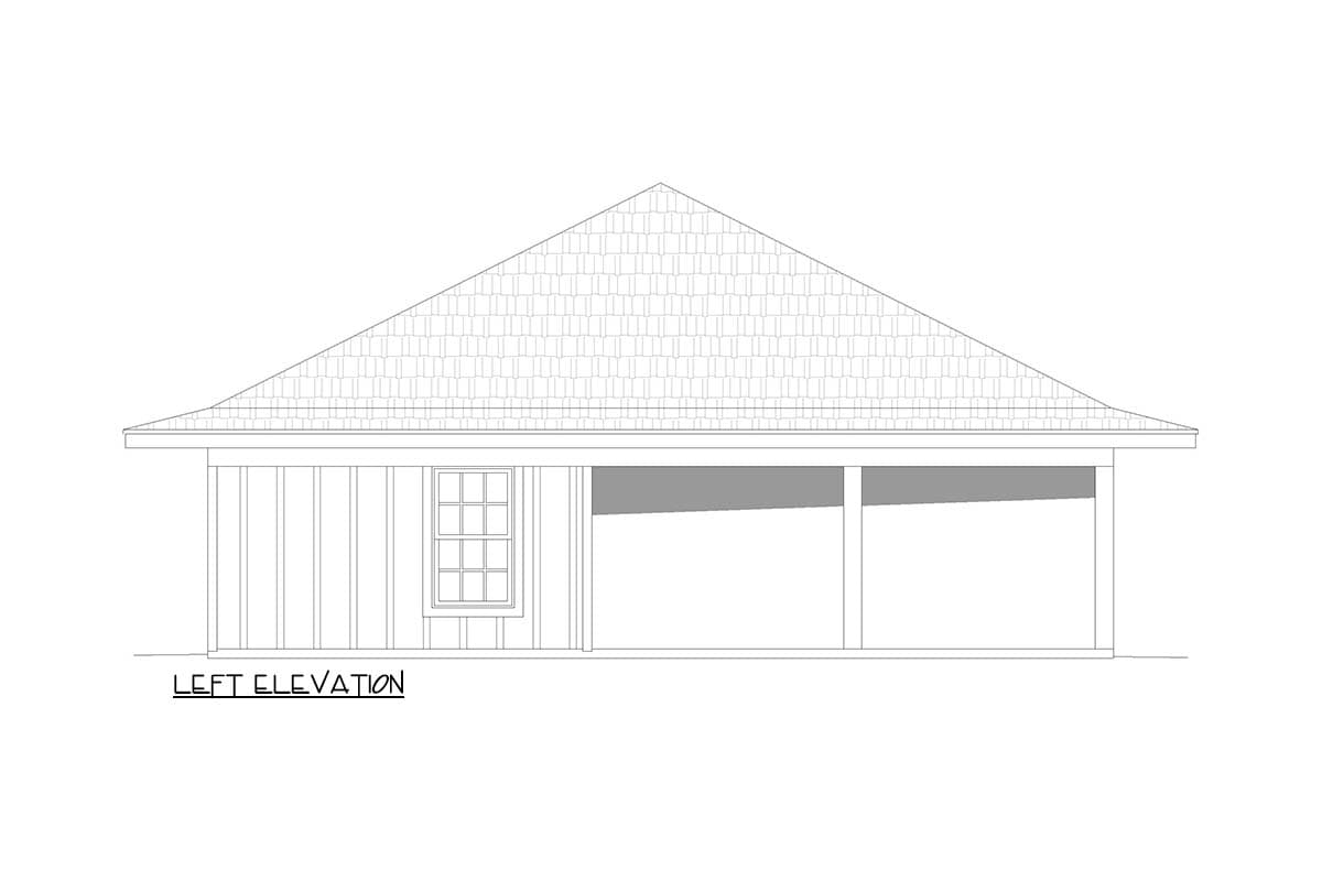 Left elevation of house plan with vertical siding, a multipane window, and covered porch.
