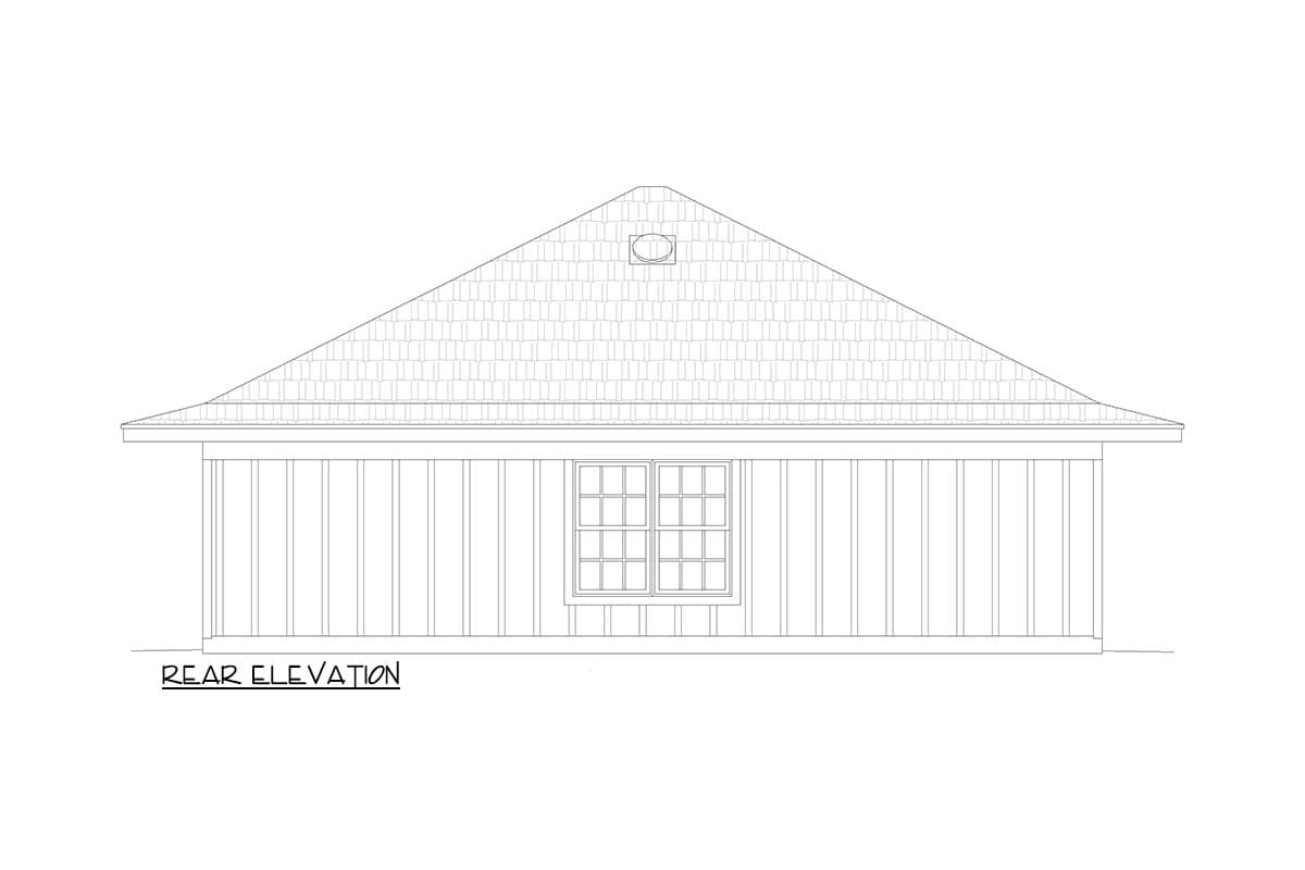 Rear elevation drawing of a house with vertical siding, a gable roof, and one window.
