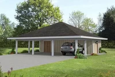 Traditional 3-Car Carport House Plan with Workshop and Full Bath