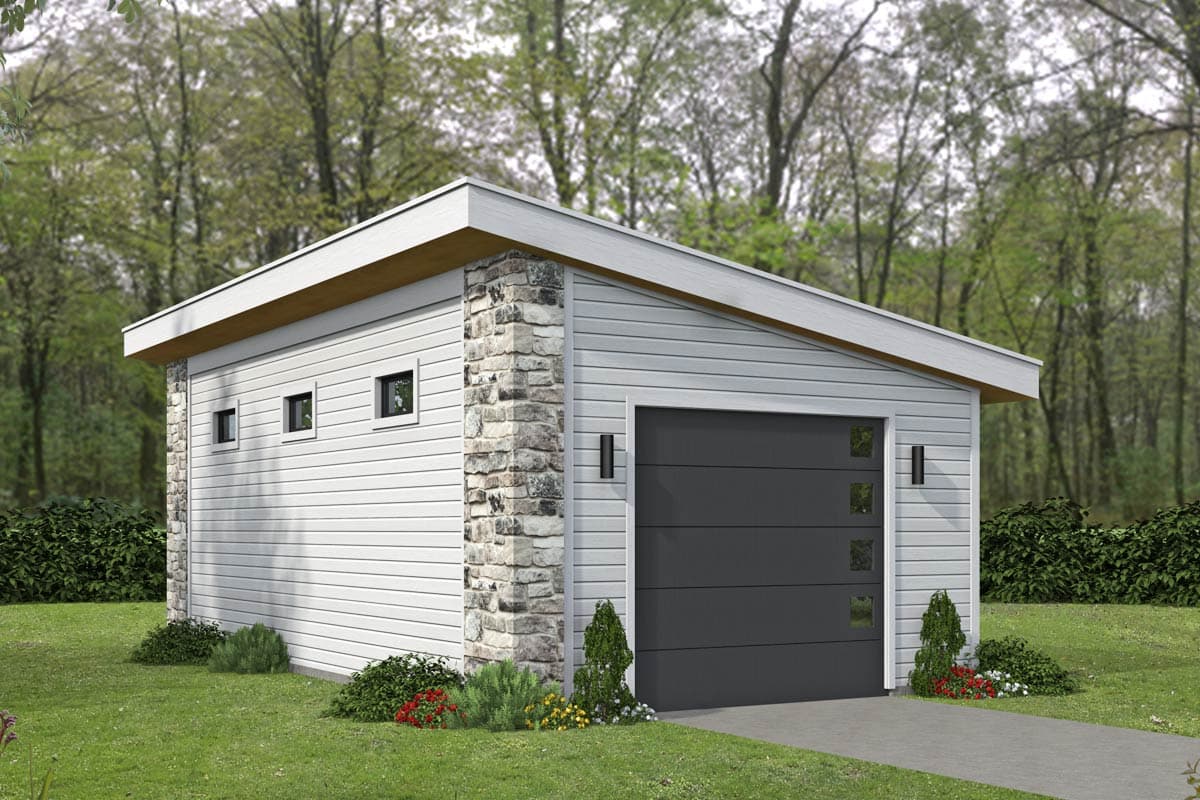 House plan exterior with a flat roof. Features include a stone-clad accent, horizontal siding, and a single-car garage door.