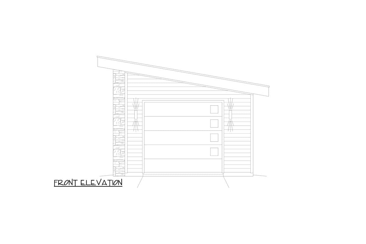 Front elevation drawing of a garage with a modern shed roof, stone accents, horizontal siding, and a four-panel glass garage door.