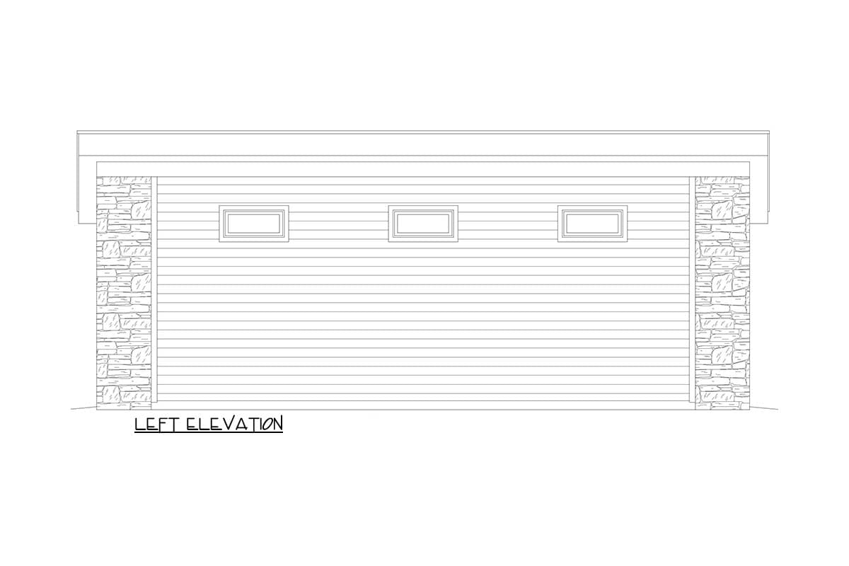 Left elevation drawing of a garage with horizontal siding, three rectangular windows, and stone accents on the corners.