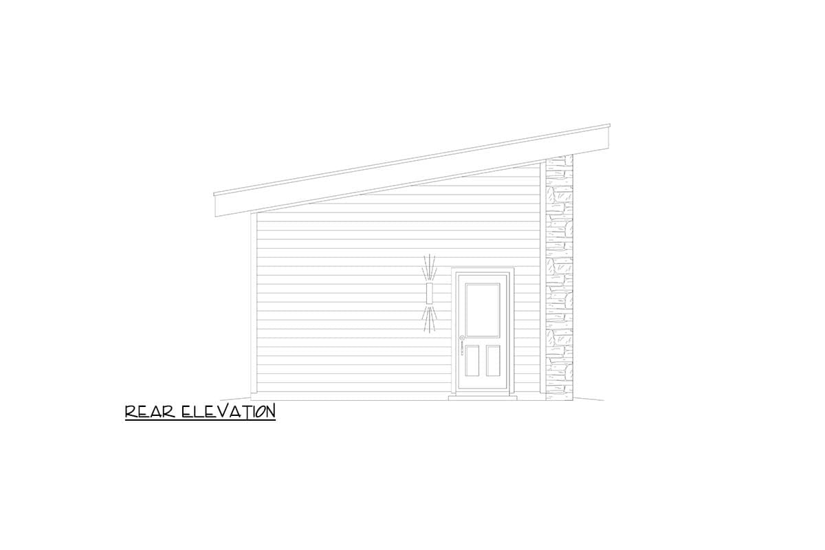 Rear elevation drawing of a house with horizontal siding, a single door, and stone accents on the right.