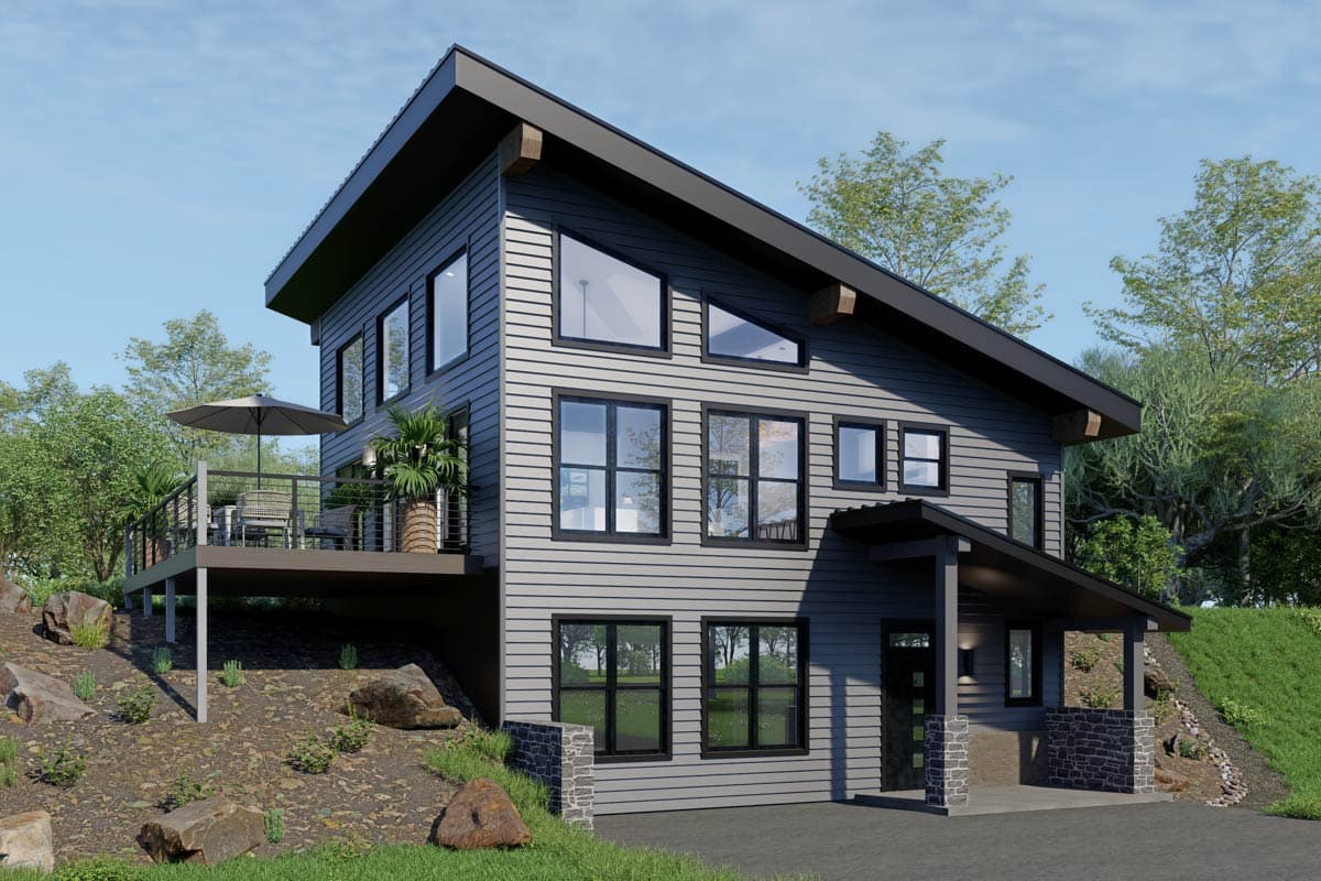 House plan exterior. Two-story modern style with shed roof, deck, and porch. Features include large windows and exposed beams.