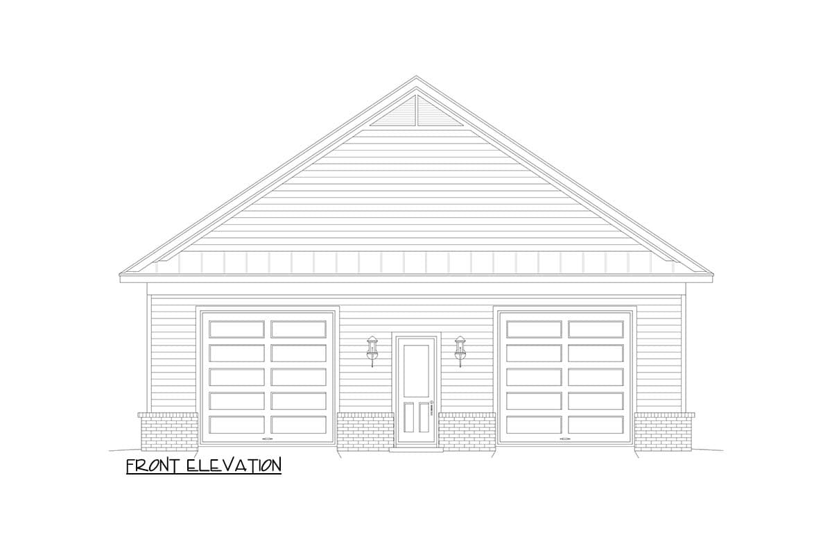 Front elevation drawing of a house plan with a gabled roof, two garage doors, and a central entry door.
