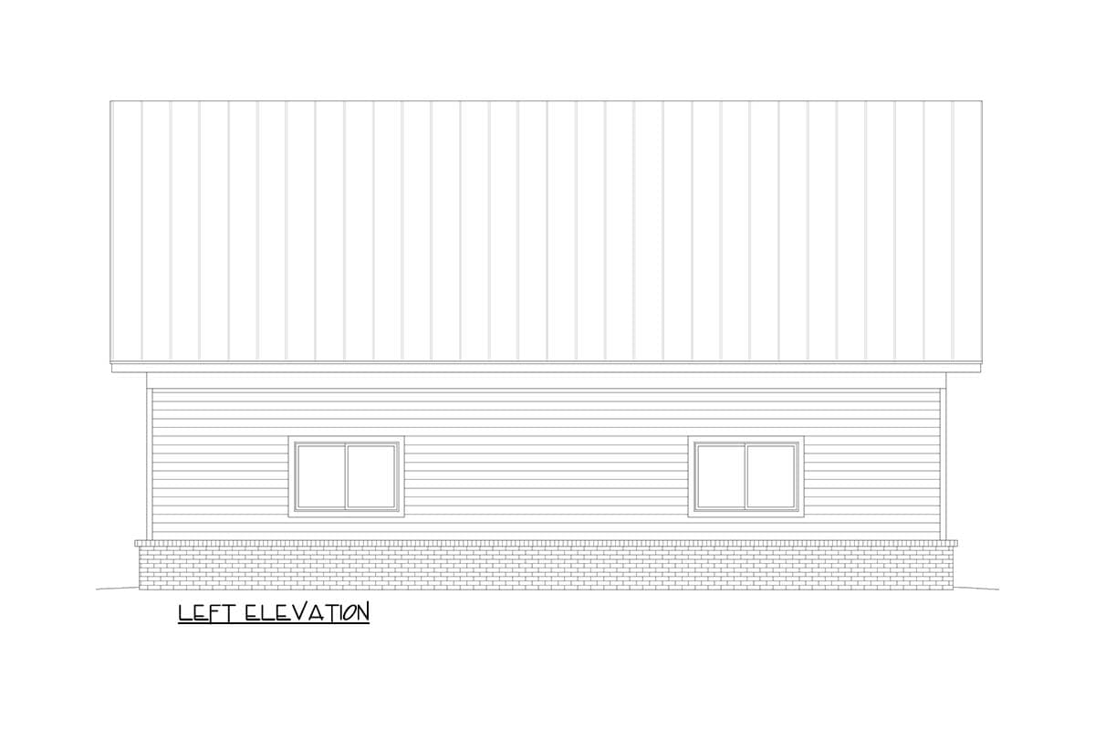 Left elevation drawing of house plan featuring horizontal siding, two windows, and a brick foundation.