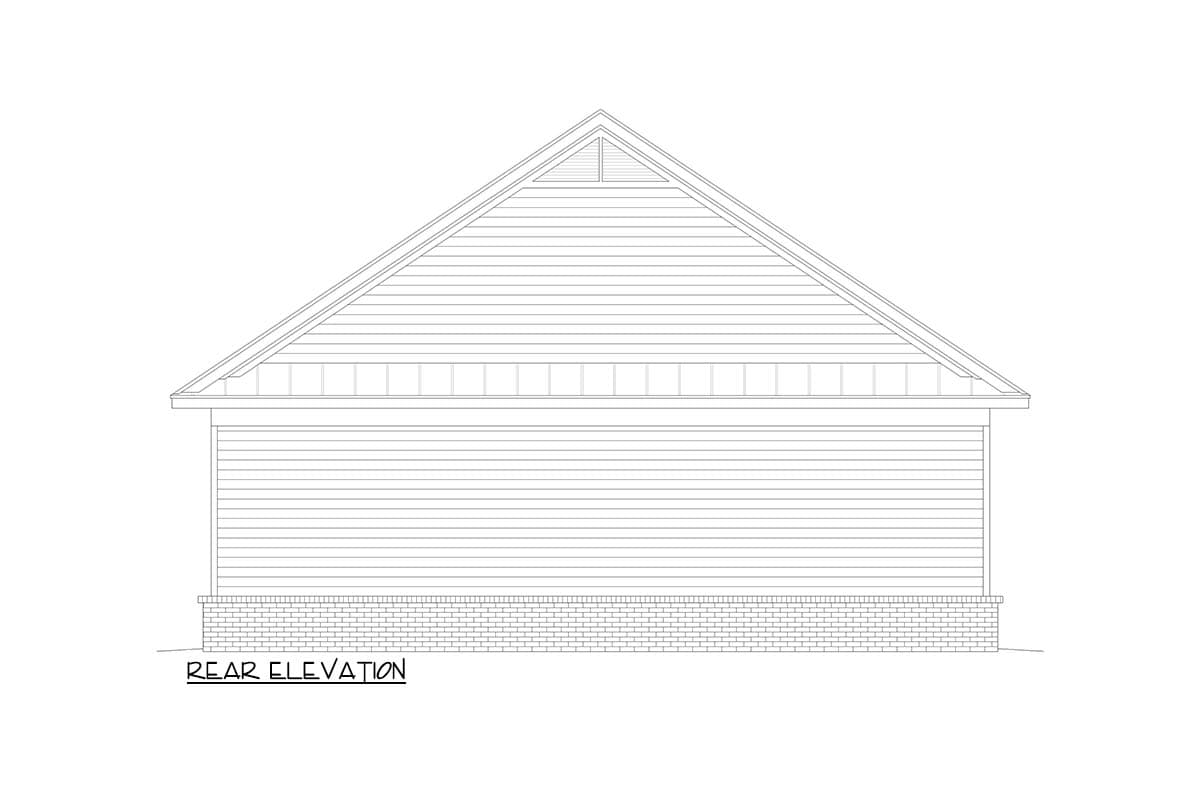 Rear elevation drawing of a house plan with horizontal siding, gables, and a brick foundation.