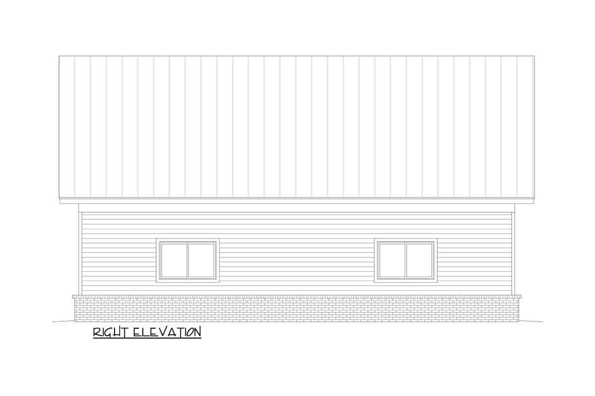 House plan right elevation with horizontal siding, two windows, and a brick foundation with a standing seam roof.