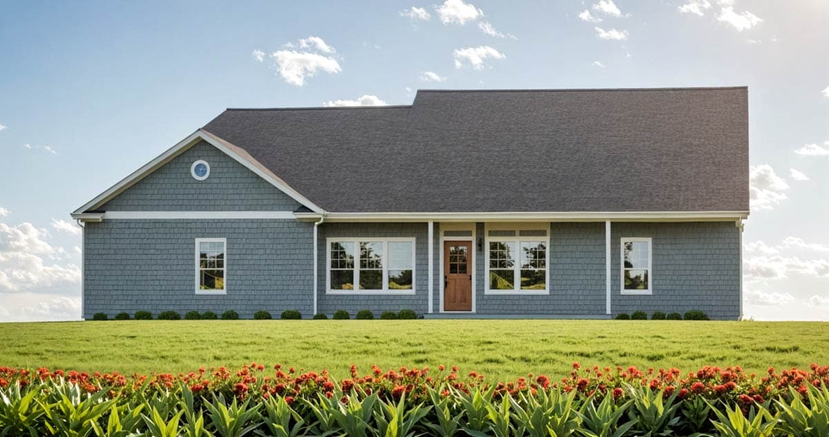 House plan exterior: Ranch style, single story, with a gable end, prominent roofline, front entrance, and multiple windows.