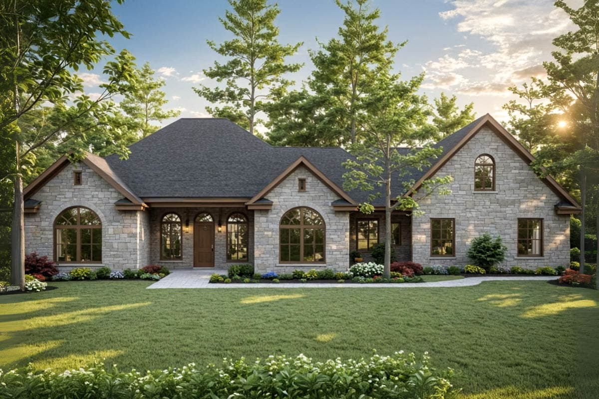 House plan exterior. One-story house with stone facade, arched windows, gabled roof, and a covered entry. Landscaped front yard.