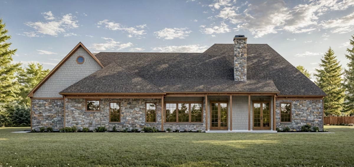 House plan exterior: Ranch-style home with stone facade, prominent stone chimney, and gabled rooflines with dormers.