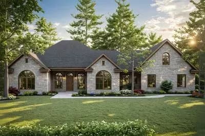 Elegant Stone Ranch House Plan with Split Bedrooms and Formal Dining