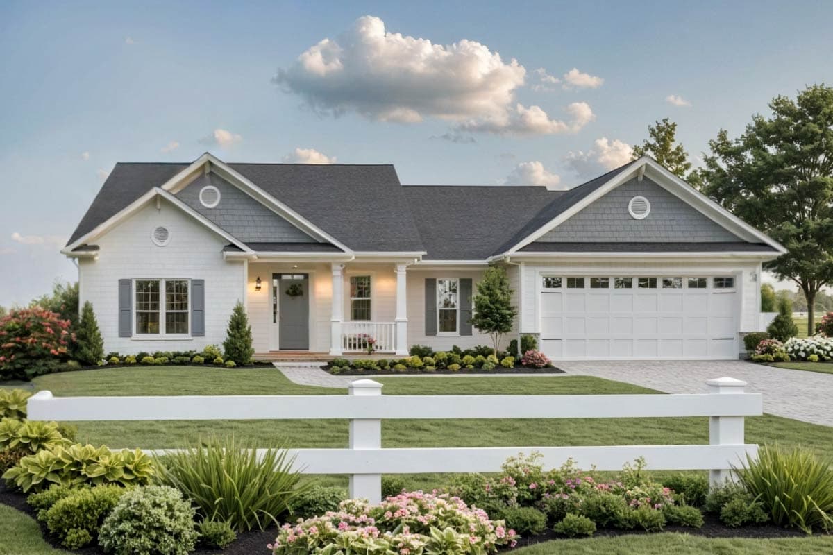 House plan exterior. Two-story Modern Farmhouse with gabled roof, front porch, and attached garage. Includes gray shake siding details.
