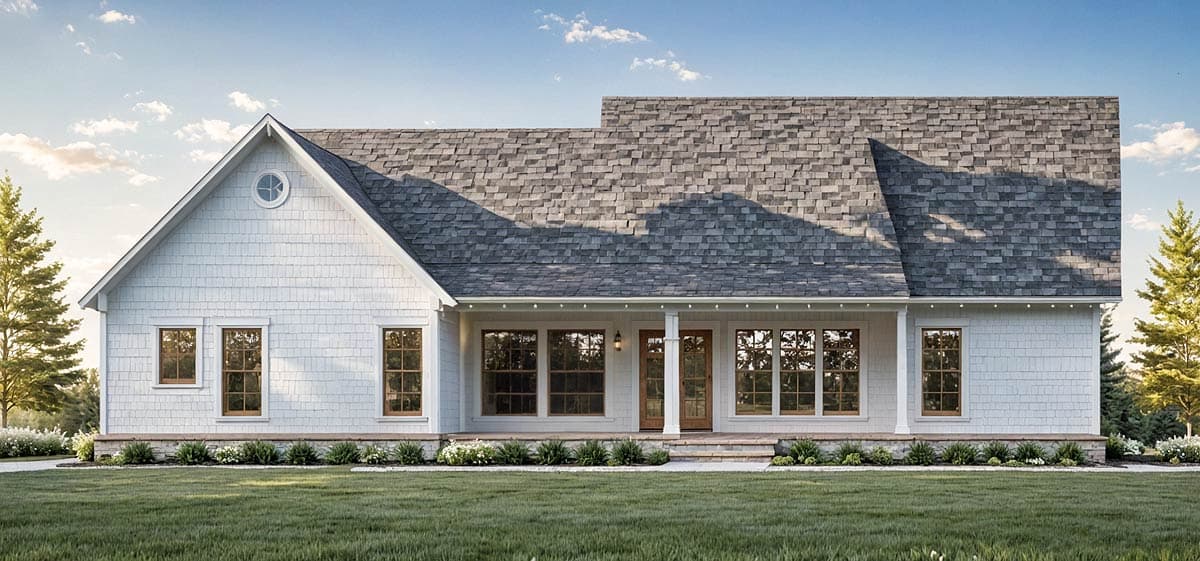 House plan exterior: Modern Farmhouse style, one story, with a covered front porch, gable roof, and shingle siding.