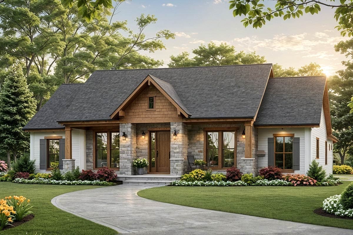Front exterior of a beautiful craftsman style home with a stone and wood facade, walkway and lush landscaping.