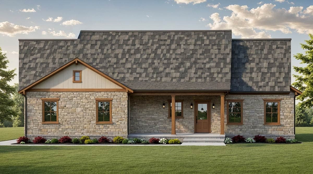 Rear exterior of a stone-clad house with a large roof, porch, and a well-manicured lawn under a cloudy sky.
