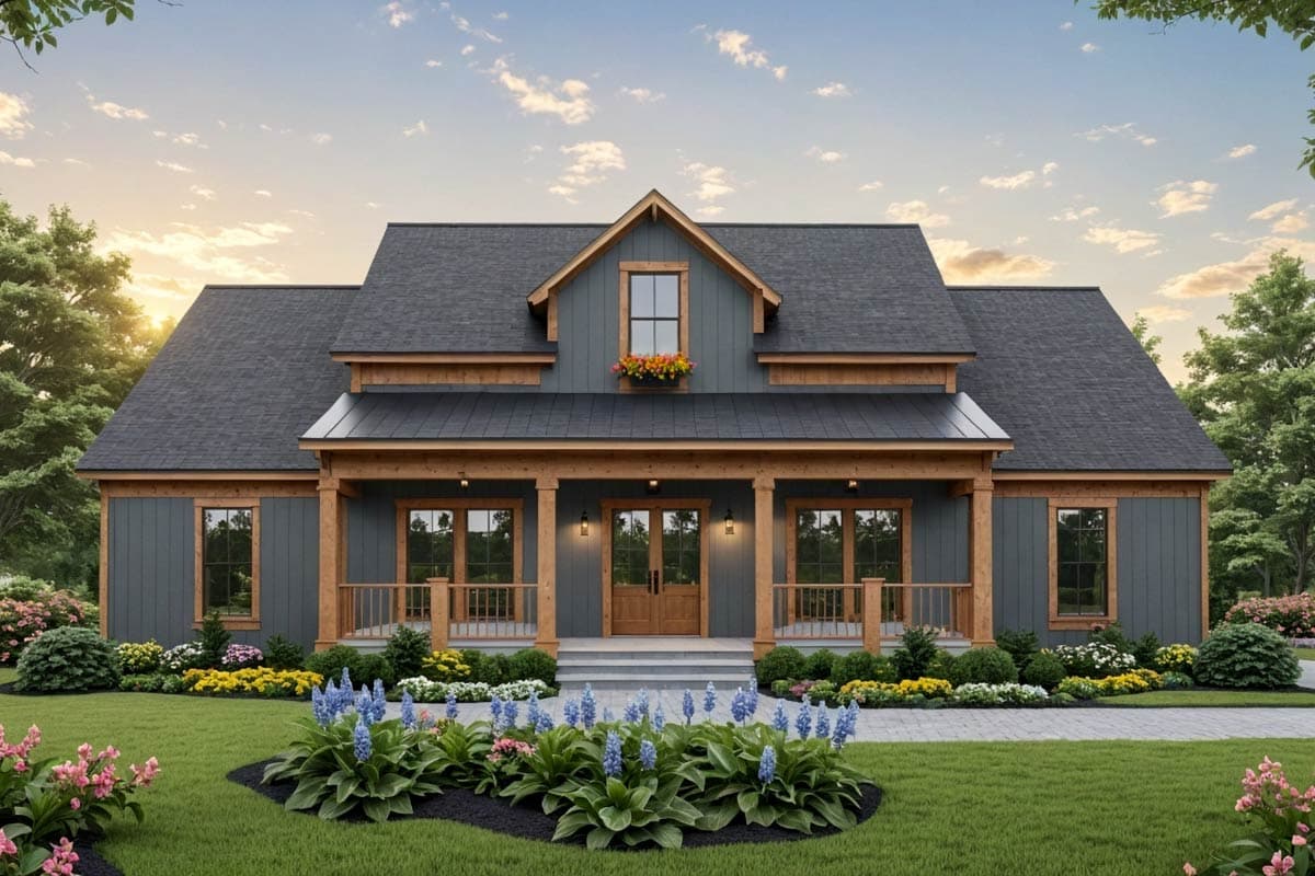 House plan exterior. Two-story Modern Farmhouse with a gabled roof, covered porch, and dormer. Features wood accents and a symmetrical facade.