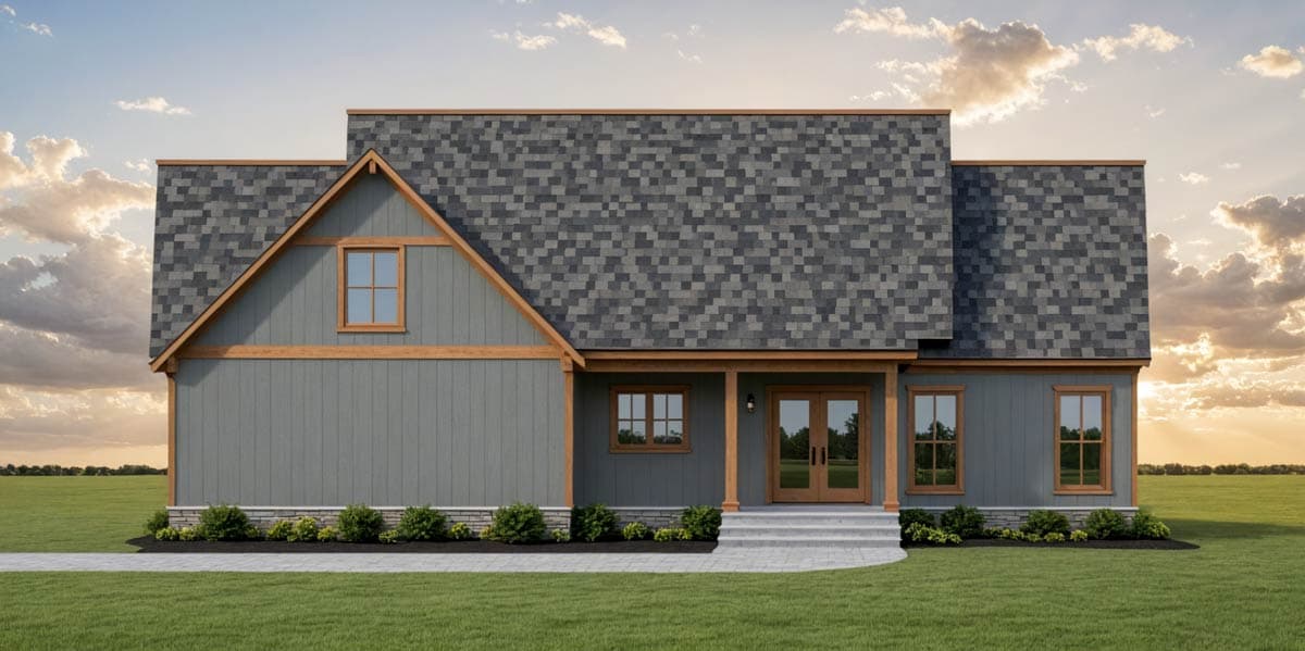 House plan exterior: Modern Farmhouse style with a prominent gable, dual porch columns, and varied siding.
