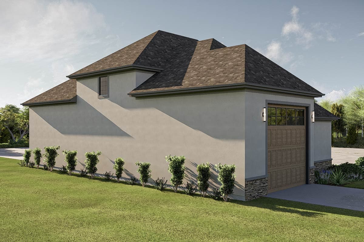 House plan exterior: stucco walls, multi-level roof, single garage door with glass panels, stone accents.