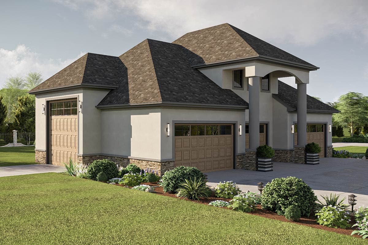 House plan exterior featuring a multi-story structure with a prominent arched portico, three-car garage, and diverse rooflines.