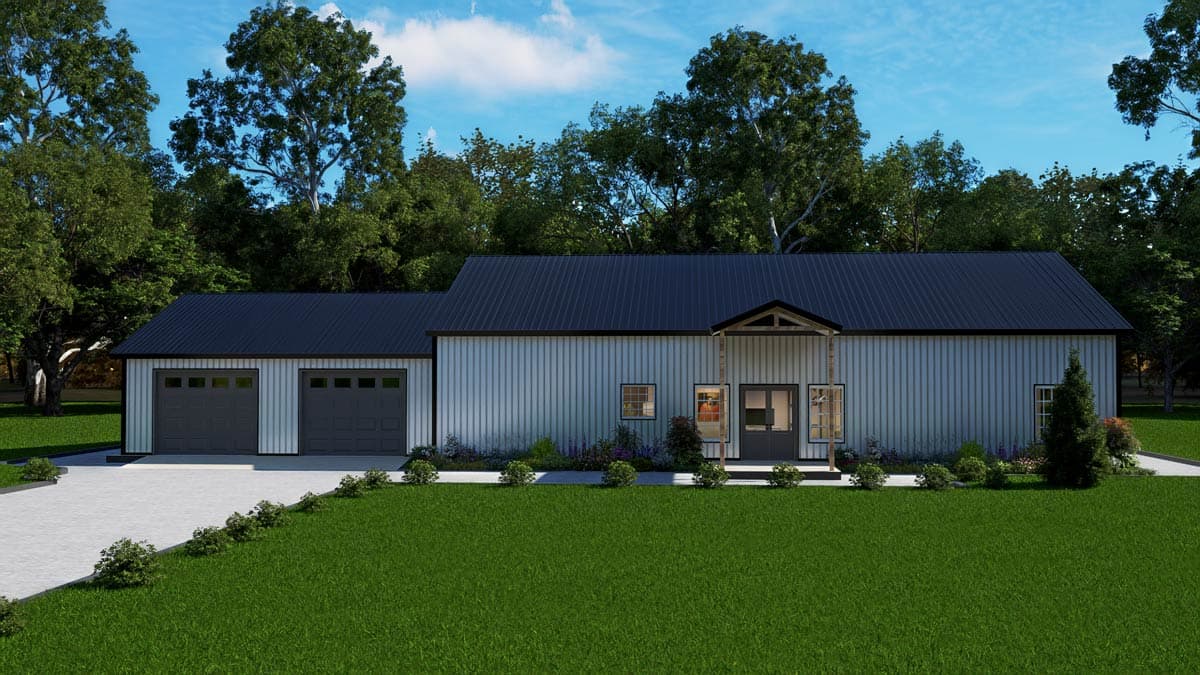 House plan exterior: Modern farmhouse style, one story, with a metal roof, attached two-car garage, and covered entry.