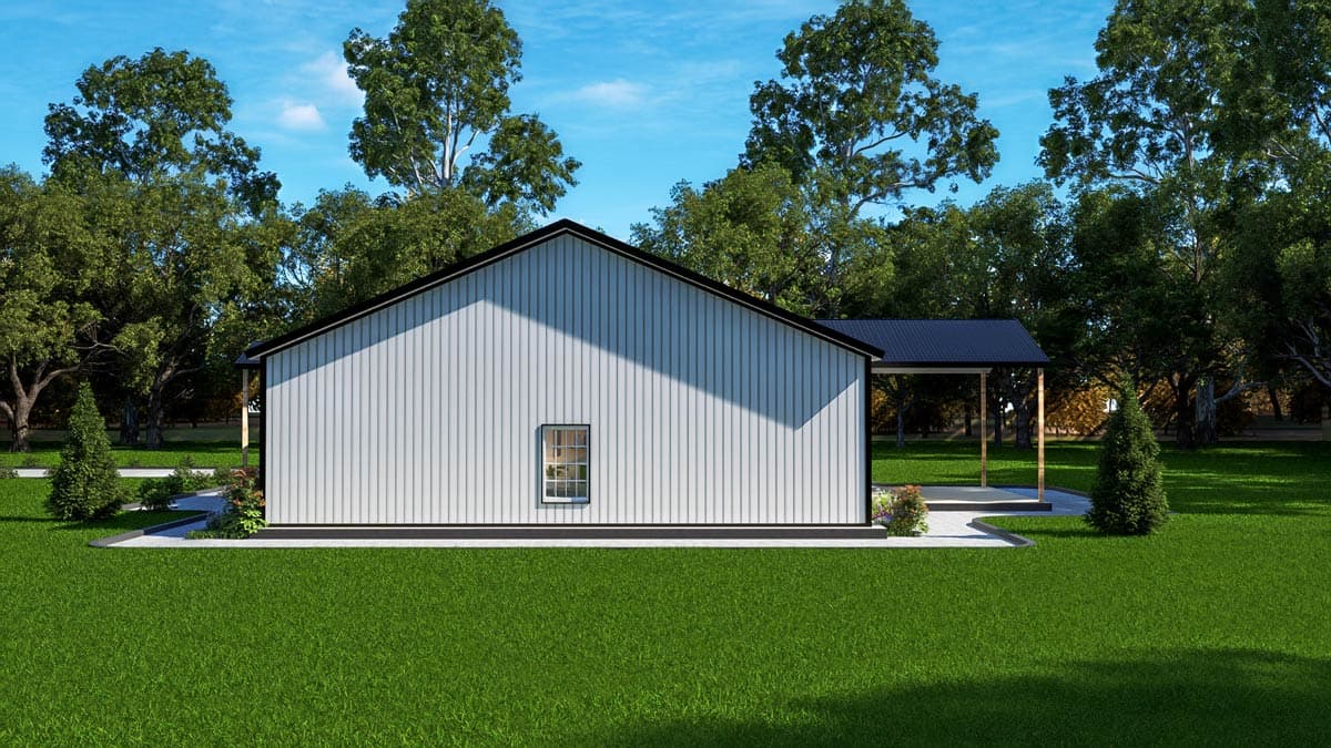 Modern house plan exterior with white vertical siding, gable roof, and a covered porch with wood posts.