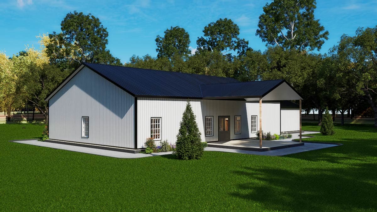 House plan exterior, one story, white vertical siding, dark metal roof, covered porch.