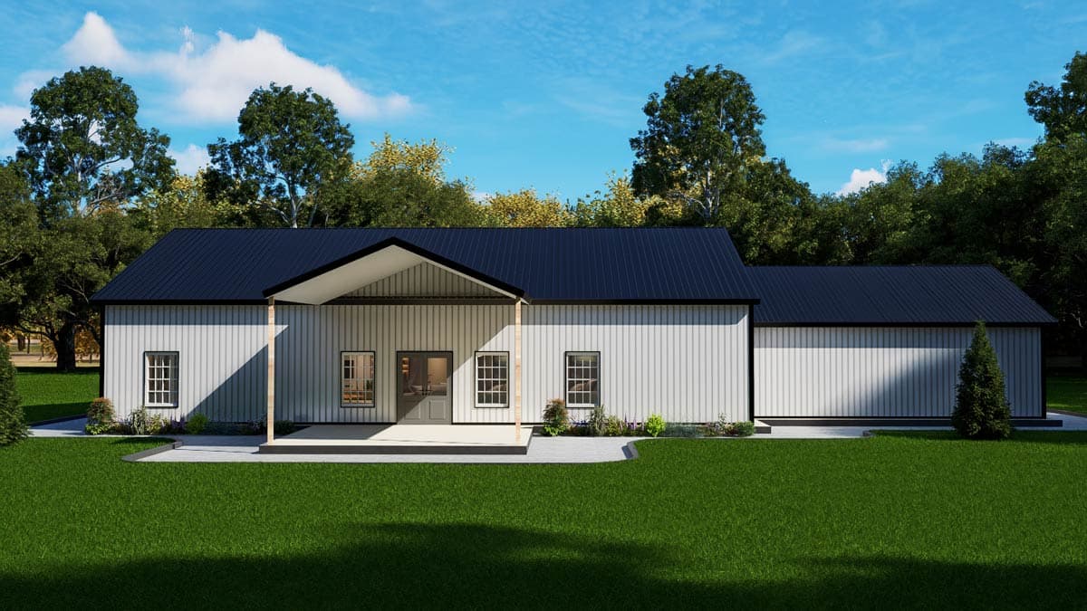 Modern house plan exterior with a dark metal roof, board-and-batten siding, and a covered entry porch.
