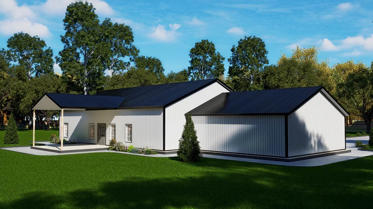 House plan exterior: Modern farmhouse style, single story, white vertical siding, dark metal roof, covered porch, multiple gables.