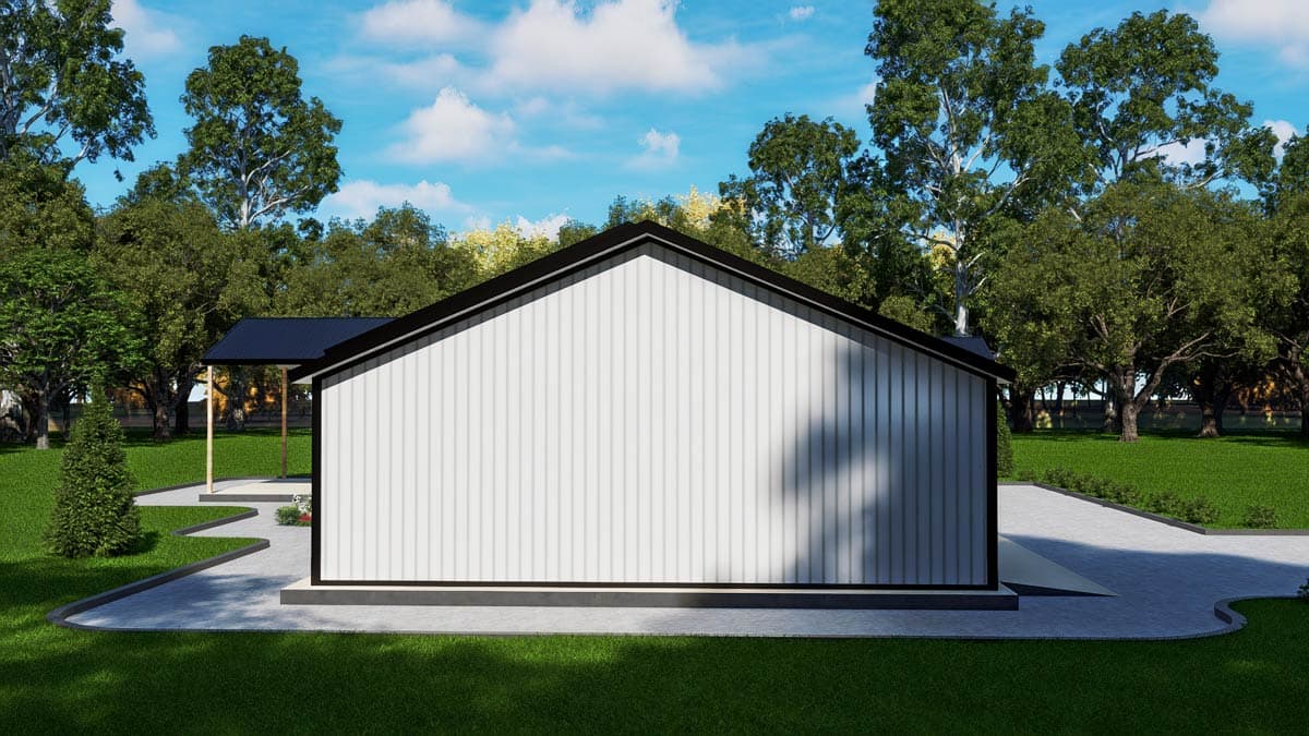 House plan exterior, modern style with white vertical siding, black roof, and covered porch.