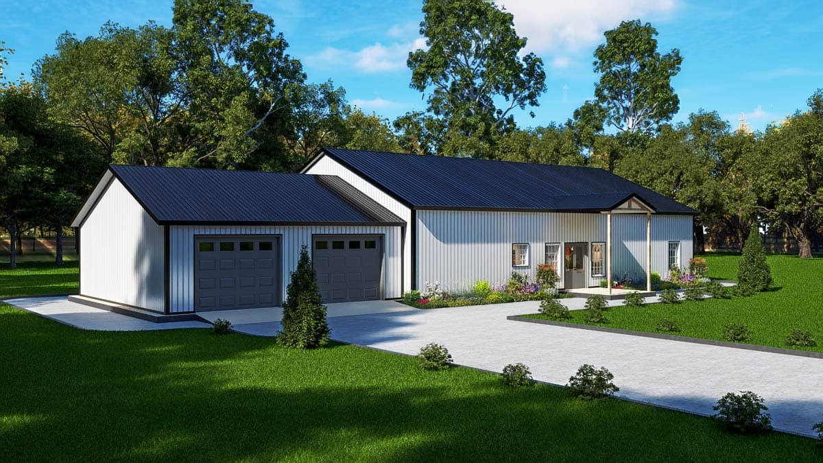 Modern house plan exterior with a white vertical siding, dark metal roof, and a two-car garage.