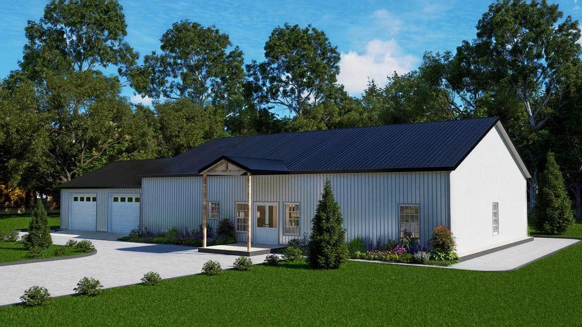 House plan exterior: single-story Modern Farmhouse with a covered porch, metal roof, and attached two-car garage.