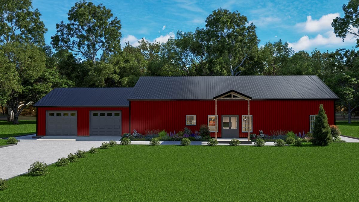 Modern ranch house plan exterior with red siding, metal roof, and attached two-car garage.