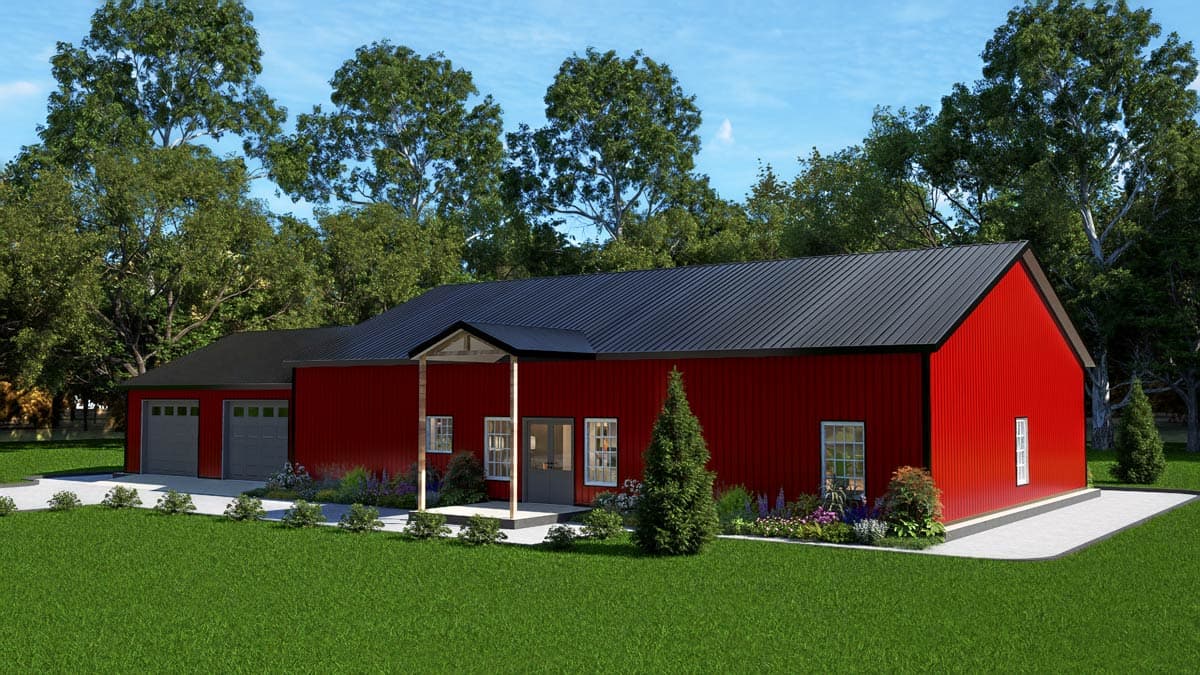 House plan exterior, single-story modern barn style with red siding, attached two-car garage, and covered entry.