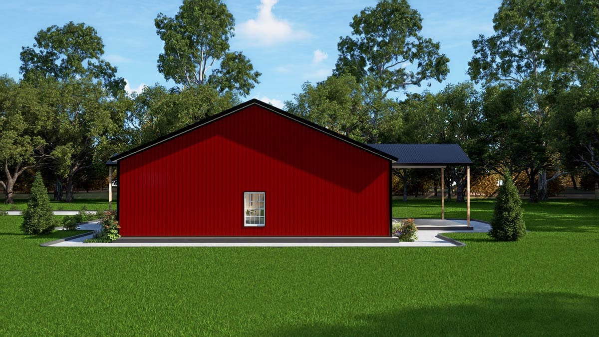 House plan exterior: single-story modern barn with red vertical siding, gable roof, and attached covered patio.