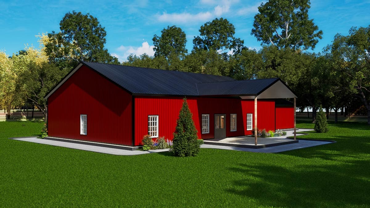 House plan exterior: One-story red building with a black metal roof, gable end, and covered porch with wood posts.