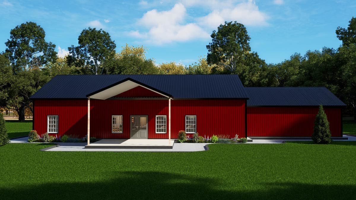 Barn style house plan exterior with a prominent gabled entrance, standing seam roof, and simple window and door openings.