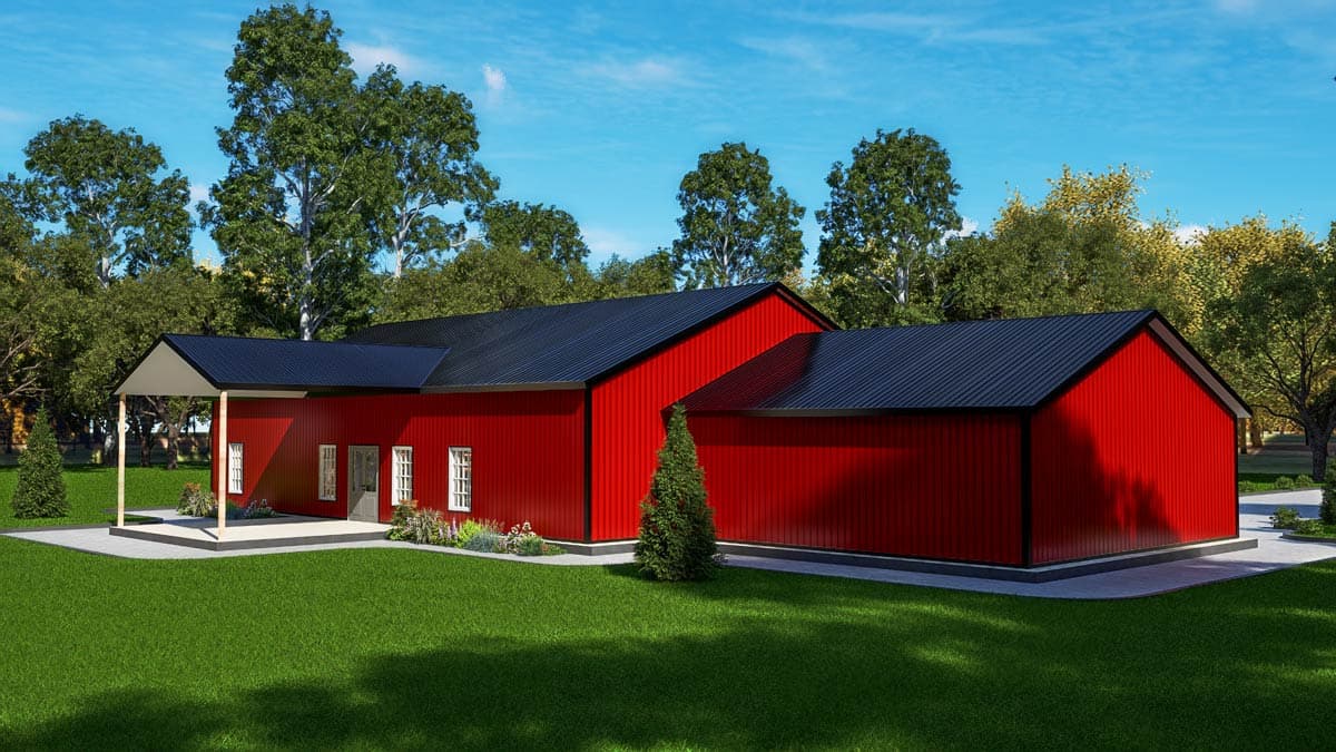 House plan exterior: one-story modern barn style with a covered entry porch, dark metal roof, and vertical siding.