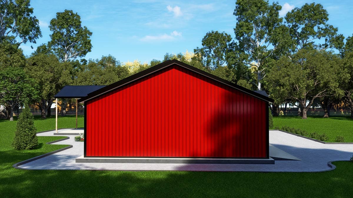 House plan exterior rendering of a one-story structure with red vertical siding, black gable roof, and covered entryway.