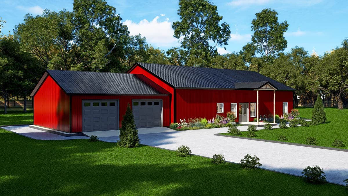 House plan exterior: Red barn-style structure with a dark metal roof, two-car garage, and covered entry.