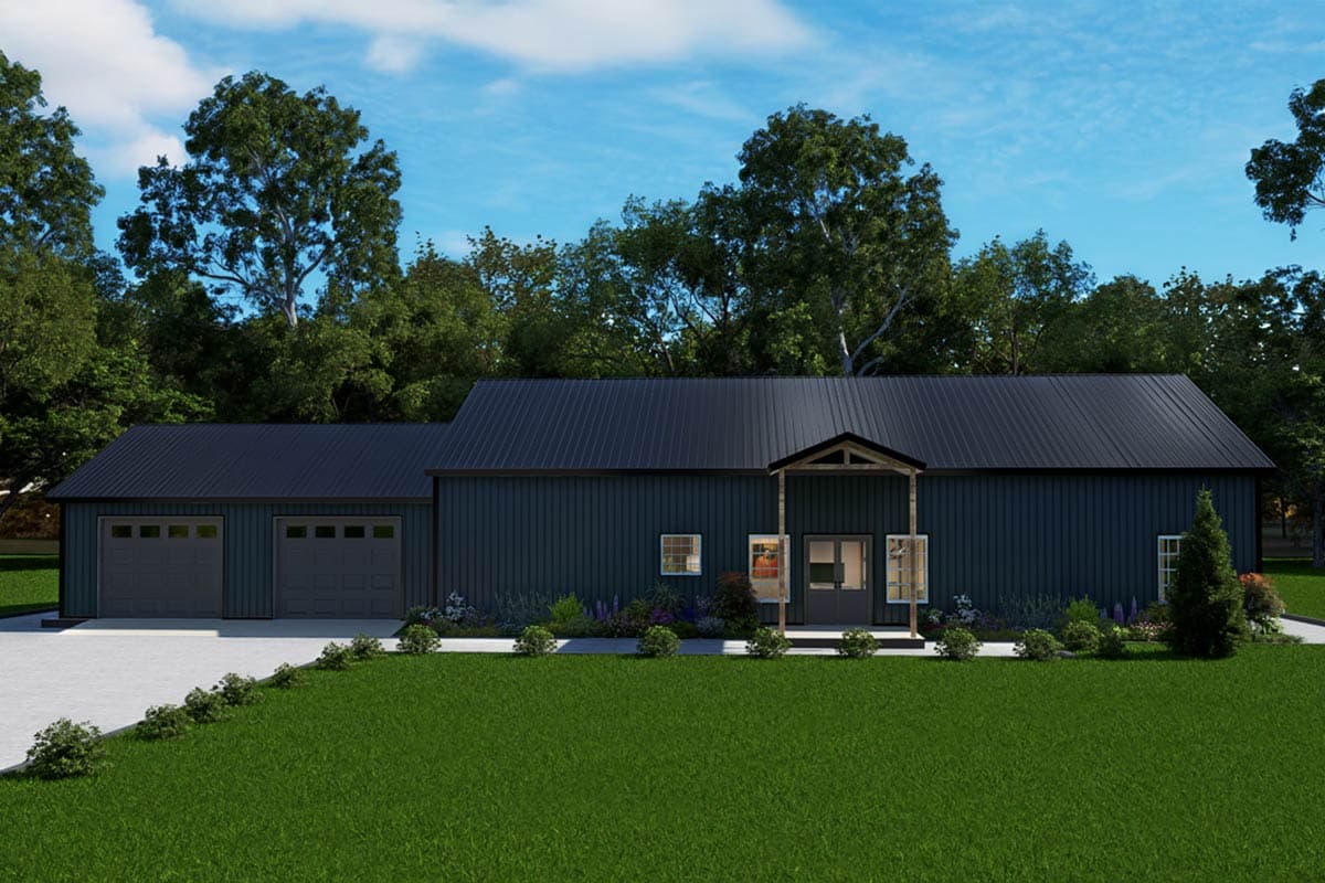 House plan exterior. One-story structure with a metal roof, front porch, and attached garage. Exterior features dark siding and a gable roof.