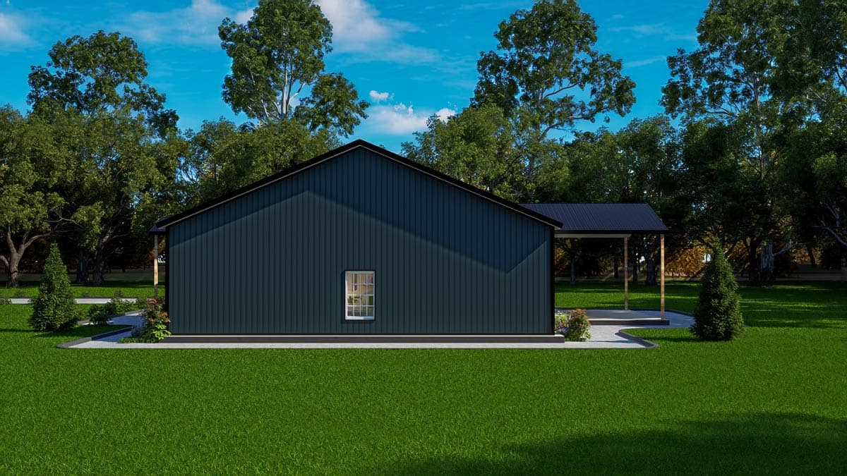 House plan exterior view of a one-story home with dark vertical siding, a gabled roof, and a covered porch area.