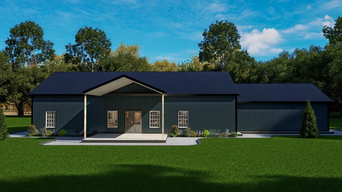 House plan exterior: Modern, single-story design with a dark metal roof, prominent gable, and attached garage.