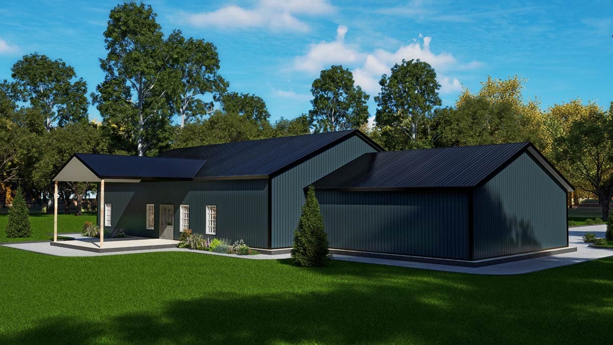 Modern house plan exterior with dark blue vertical siding, dark roof, and a covered porch with exposed beams.