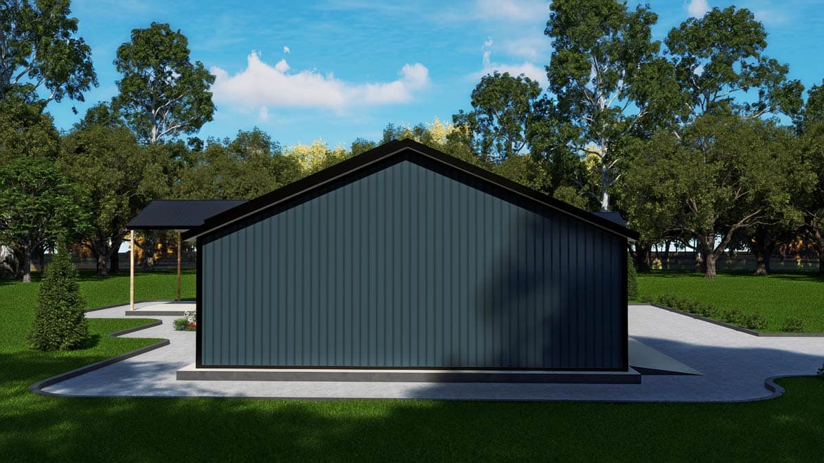 House plan exterior: Modern style, vertical siding, gable roof, and covered porch.