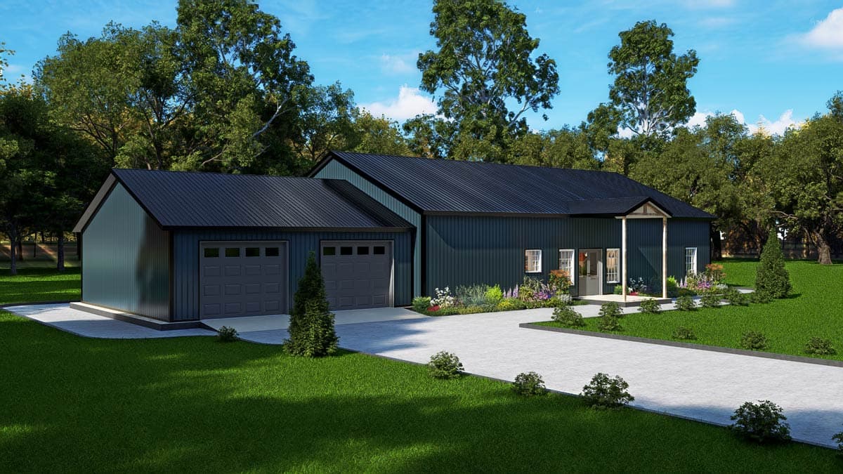 House plan exterior with a dark metal roof, siding, and an attached two-car garage.
