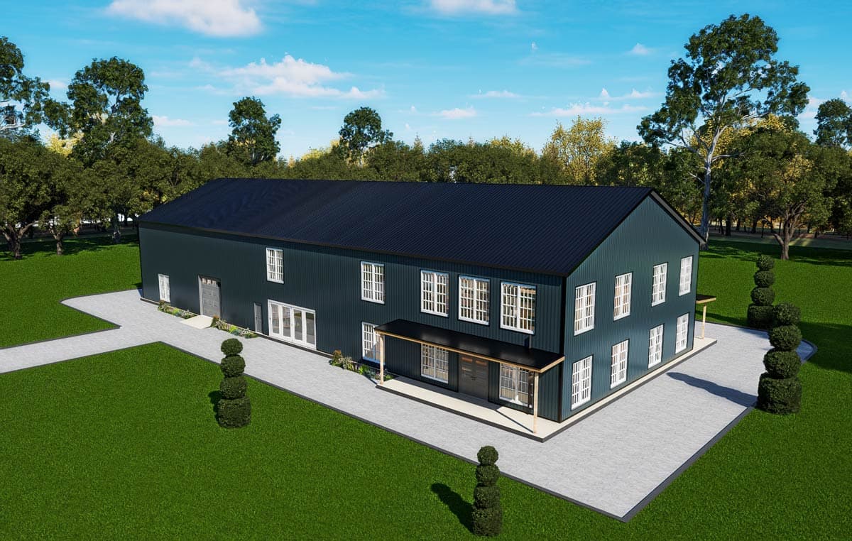 Two-story house plan exterior with dark siding, dark roof, porch, and multiple windows.