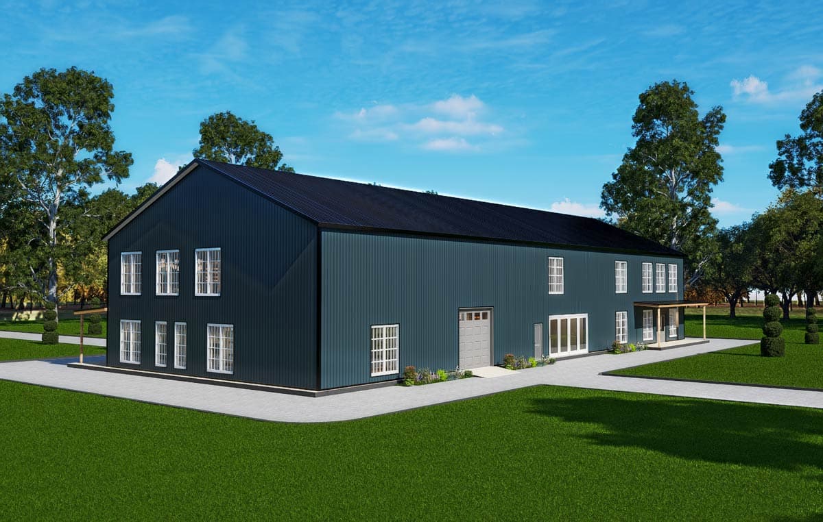 Two-story house plan exterior with dark blue vertical siding, black roof, multiple windows, and a covered entry.
